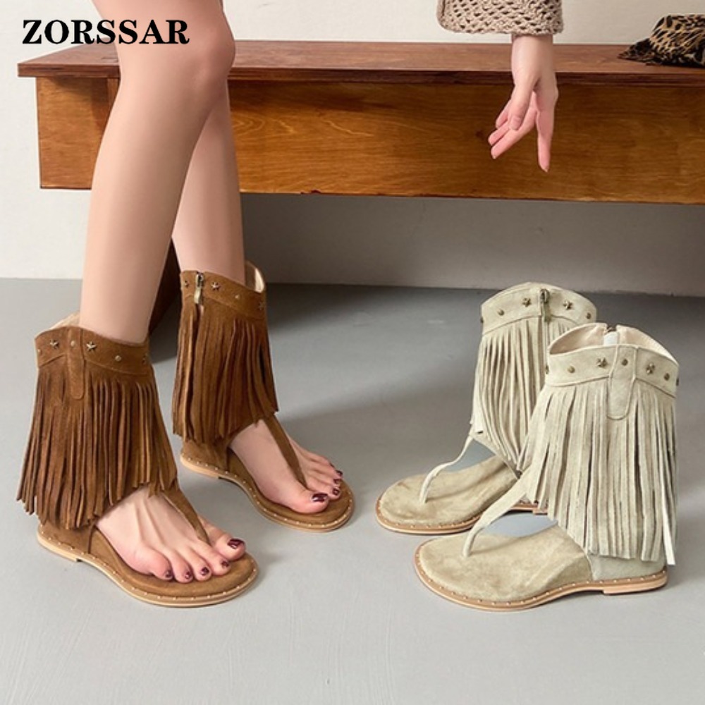 Women'S Fashion Boots - Damen-Sandalen mit Fransen und Nieten, Keilabsatz