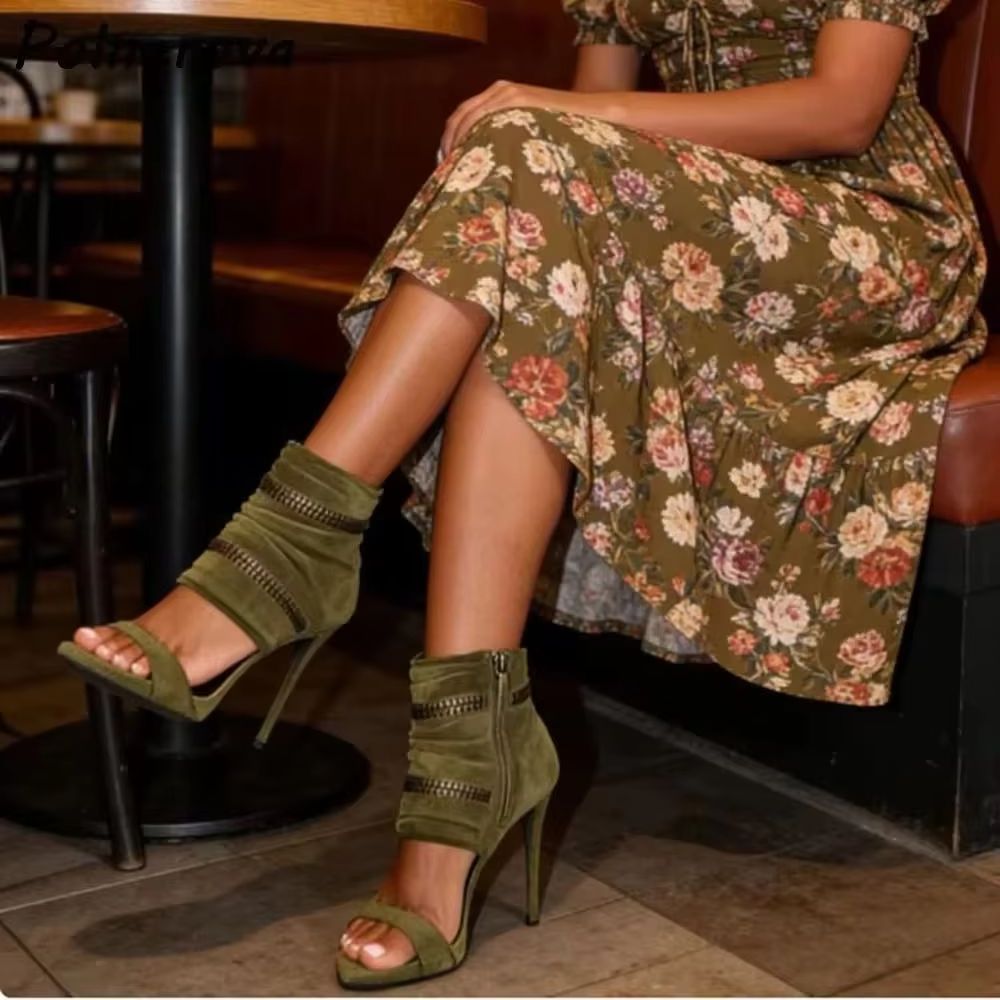 Women'S Fashion Boots - Slouchy Sandalen-Stiefel mit Reißverschluss-Detail, grünes Wildleder,